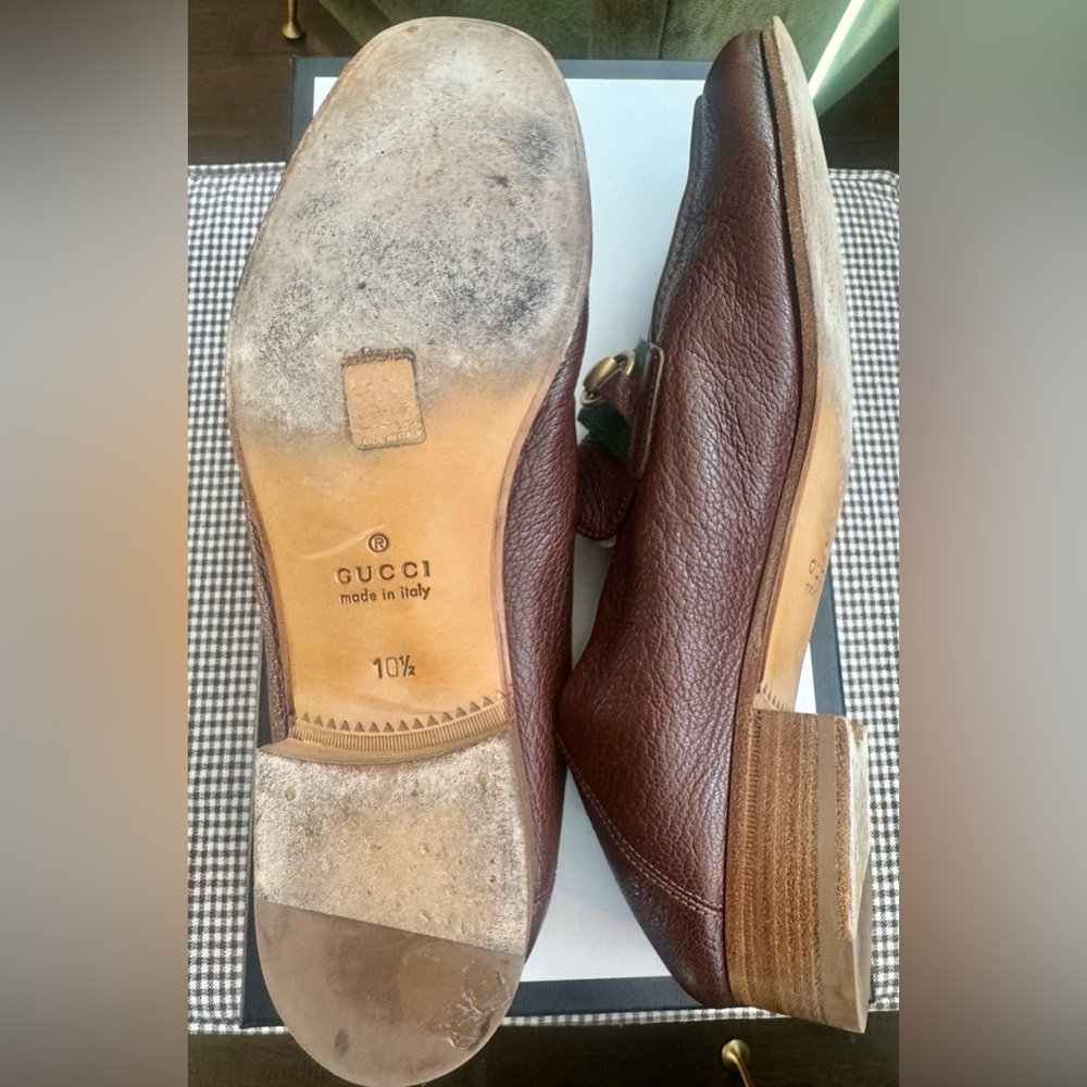 Gucci-Brown Leather Bonny Loafers-G/R/G Web,Gold HB & Collapsible Heel  10.5 - Picture 11 of 14